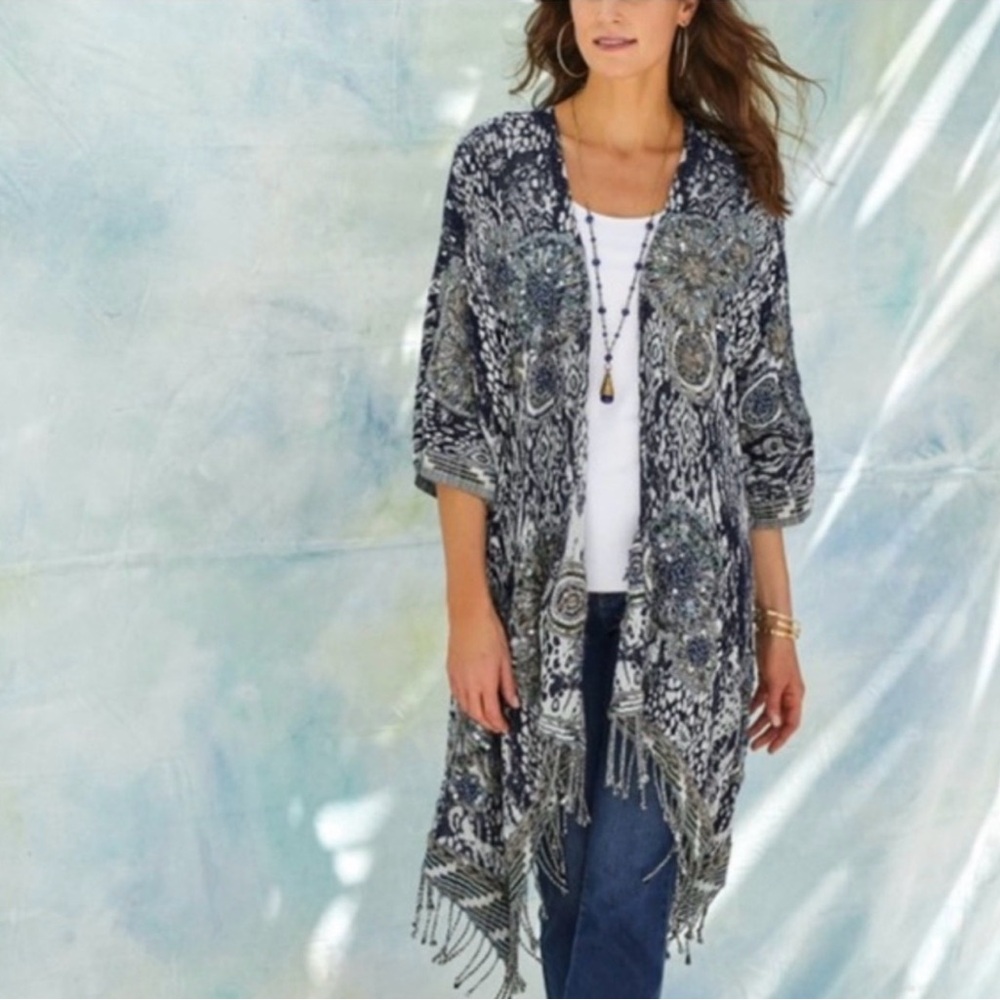 Soft Surroundings Embroidered Wool Open Cardigan Shawl Blue Fringe R